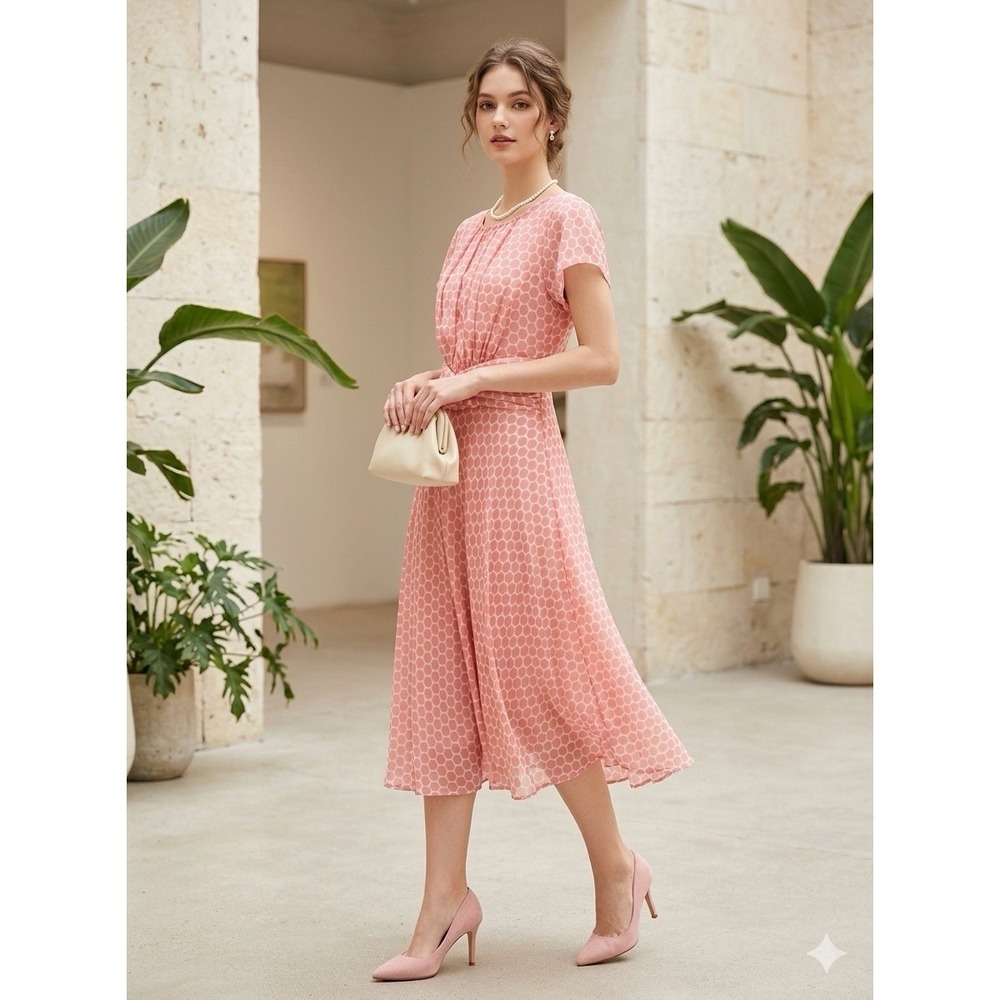 VTG 90s Pink Dress Polka Dot Chiffon 40s Vibe Midi Flutter Sleeve 16 Petite